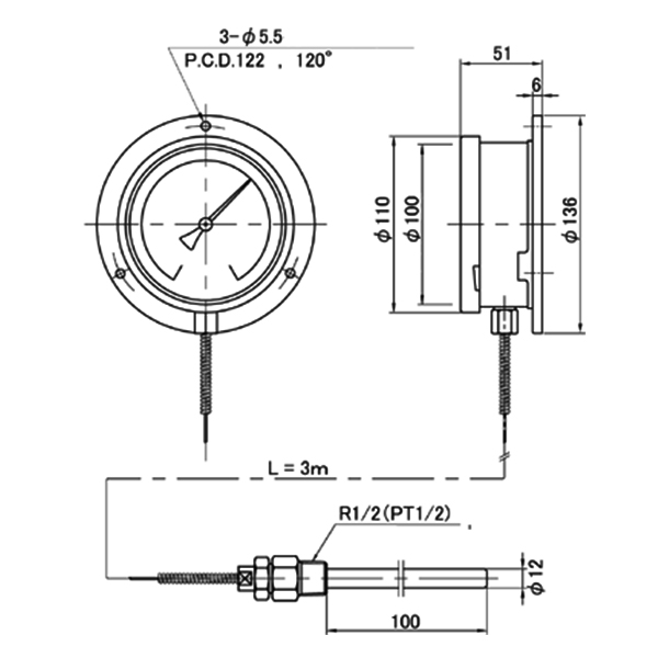 LB-100S Series  ขนาดของที่วัดอุณหภูมิ Remote Sensing Dial Thermometer LB-100S Series ขนาดของที่วัดอุณหภูมิ Remote Sensing Dial Thermometer