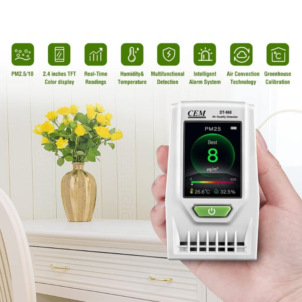 CEM DT-968 เครื่องวัดคุณภาพอากาศ PM2.5/PM10 แบบดิจิตอล พร้อมวัดอุณหภูมิและความชื้น CEM DT-968 เครื่องวัดคุณภาพอากาศ PM2.5/PM10 แบบดิจิตอล พร้อมวัดอุณหภูมิและความชื้น