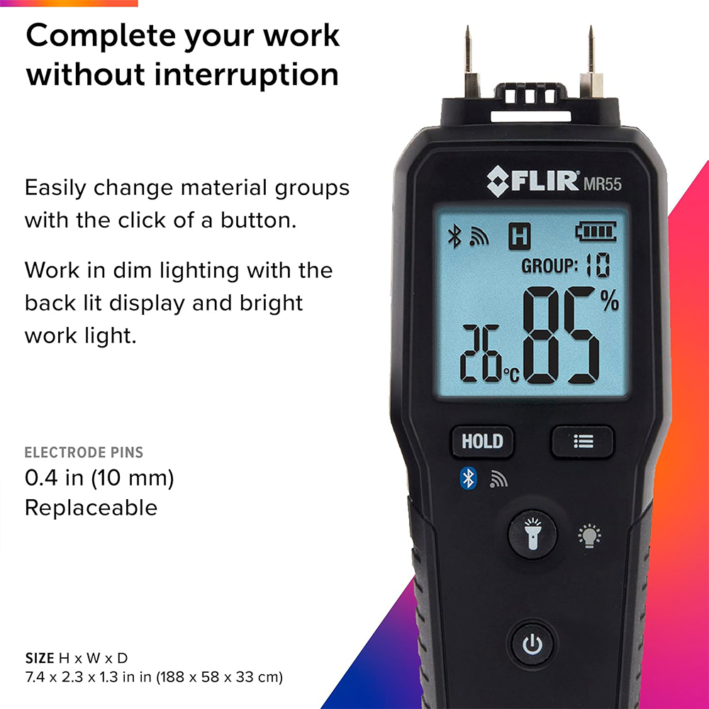 FLIR MR55 เครื่องวัดความชื้นแบบเข็ม พร้อม Bluetooth® สำหรับงานอุตสาหกรรมและงานตรวจสอบอาคาร
FLIR MR55 เครื่องวัดความชื้นแบบเข็ม พร้อม Bluetooth® สำหรับงานอุตสาหกรรมและงานตรวจสอบอาคาร
