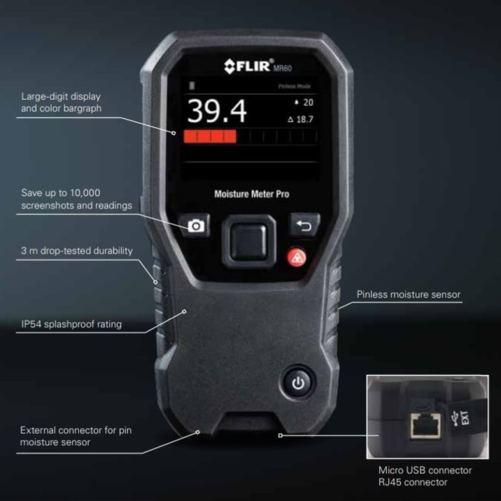 FLIR MR60 เครื่องวัดความชื้นพื้นผิวและวัสดุแบบมืออาชีพ | Moisture Meter Pro
 FLIR MR60 เครื่องวัดความชื้นพื้นผิวและวัสดุแบบมืออาชีพ | Moisture Meter Pro