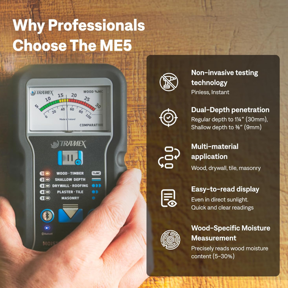 Tramex ME5 เครื่องวัดความชื้นวัสดุก่อสร้างแบบไม่ทำลาย พร้อมระบบวัดสองระดับความลึก
 Tramex ME5 เครื่องวัดความชื้นวัสดุก่อสร้างแบบไม่ทำลาย พร้อมระบบวัดสองระดับความลึก