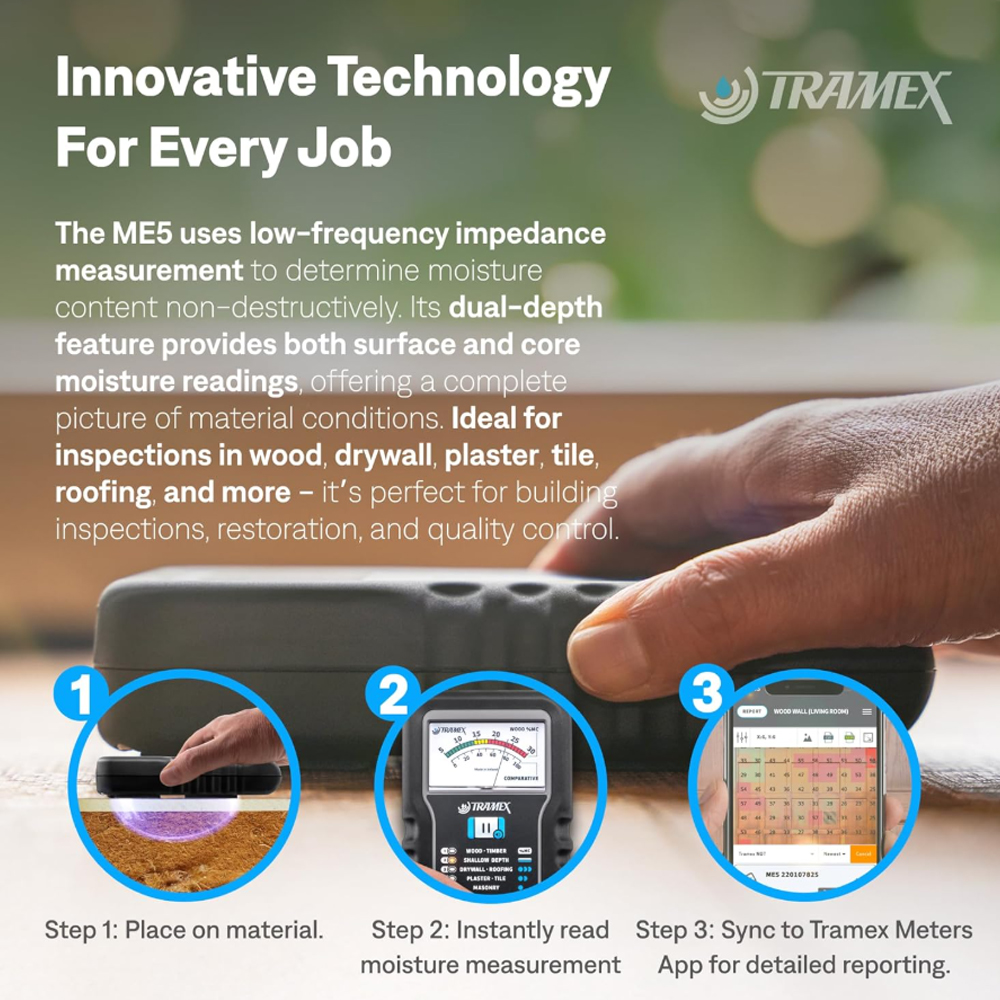 Tramex ME5 เครื่องวัดความชื้นวัสดุก่อสร้างแบบไม่ทำลาย พร้อมระบบวัดสองระดับความลึก
 Tramex ME5 เครื่องวัดความชื้นวัสดุก่อสร้างแบบไม่ทำลาย พร้อมระบบวัดสองระดับความลึก