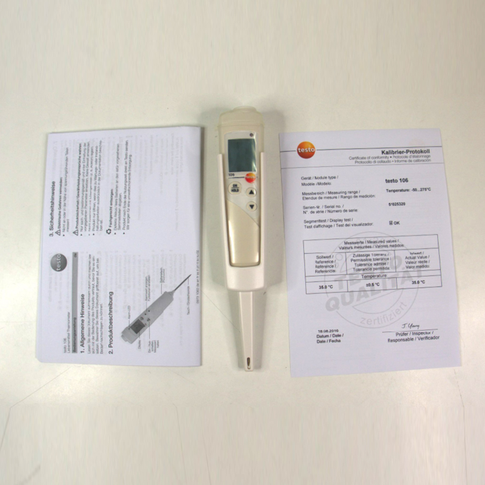 Testo 106 เครื่องวัดอุณหภูมิแกนกลางอาหารแบบรวดเร็ว มาตรฐาน HACCP พร้อมปลอกกันน้ำ IP67 Testo 106 เครื่องวัดอุณหภูมิแกนกลางอาหารแบบรวดเร็ว มาตรฐาน HACCP พร้อมปลอกกันน้ำ IP67