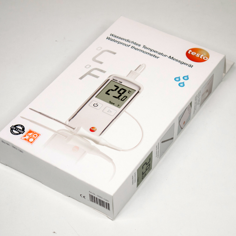 Testo 108 เครื่องวัดอุณหภูมิแบบเทอร์โมคัปเปิล Type T/K สำหรับงานอุตสาหกรรมอาหาร มาตรฐาน HACCP, IP67 Testo 108 เครื่องวัดอุณหภูมิแบบเทอร์โมคัปเปิล Type T/K สำหรับงานอุตสาหกรรมอาหาร มาตรฐาน HACCP, IP67