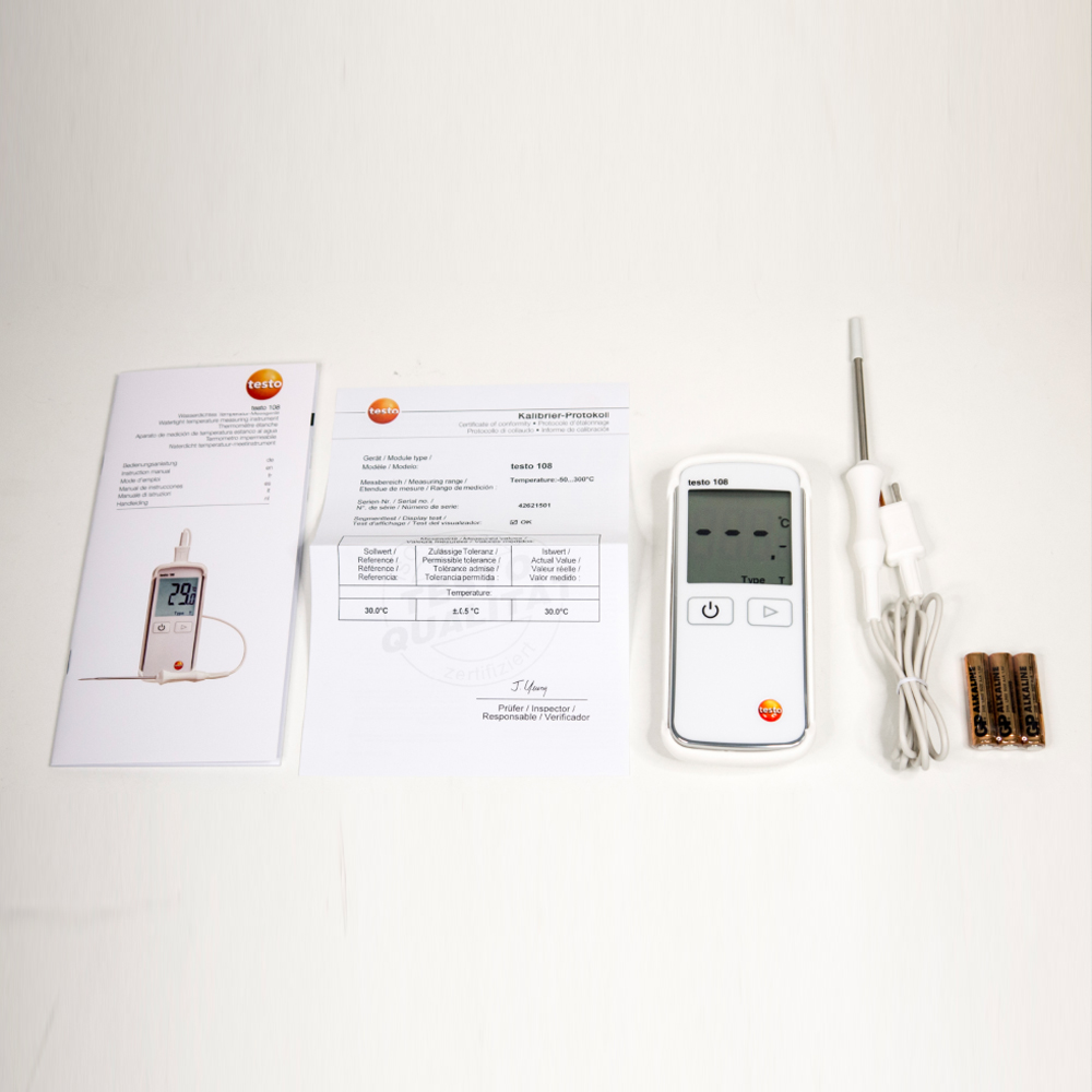 Testo 108 เครื่องวัดอุณหภูมิแบบเทอร์โมคัปเปิล Type T/K สำหรับงานอุตสาหกรรมอาหาร มาตรฐาน HACCP, IP67 Testo 108 เครื่องวัดอุณหภูมิแบบเทอร์โมคัปเปิล Type T/K สำหรับงานอุตสาหกรรมอาหาร มาตรฐาน HACCP, IP67