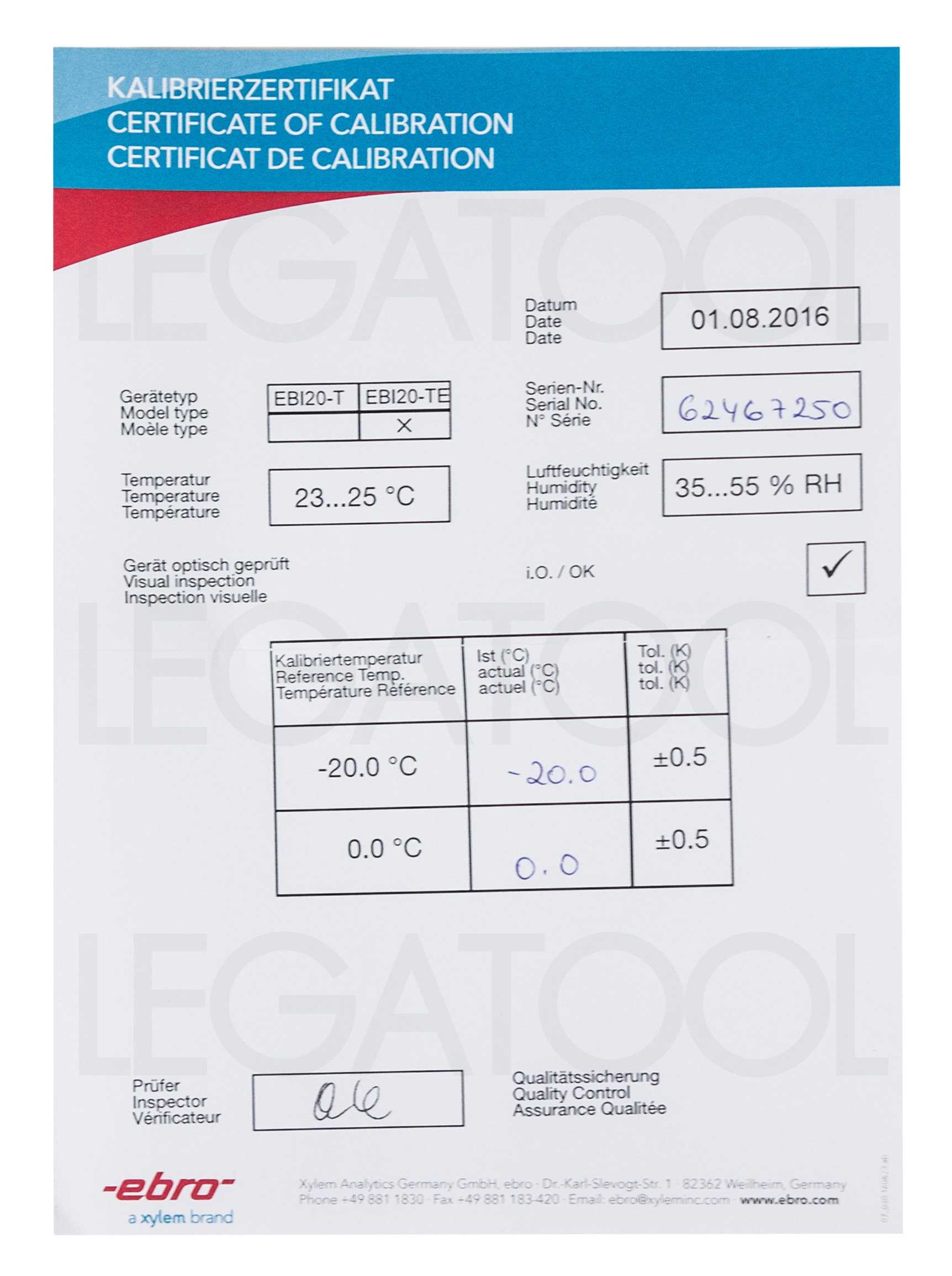 Calibration certificate Ebro Calibration certificate Ebro